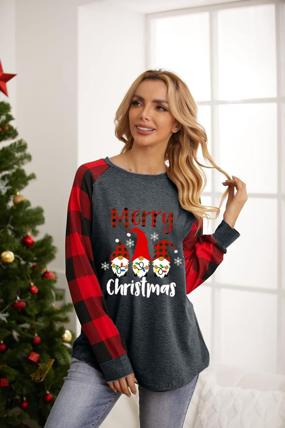 Christmas Shirt Women Gnomes T-Shirt Plaid Splicing Raglan Long Sleeve Tee Christmas Holiday Tops